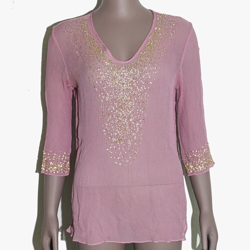 Sheer Purple Sequin Blouse Sparkly Party Top for Women Evening Glam Size Small‎